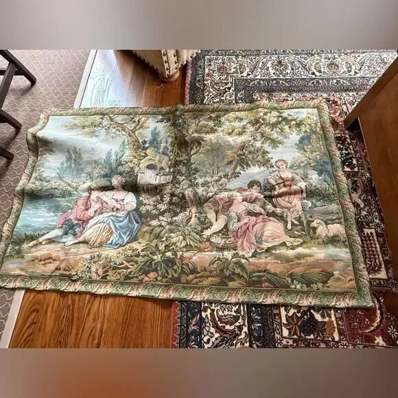 Vintage French Tapestry Wall Hanging - Romantic Pastoral Scene - Picture 1 of 6